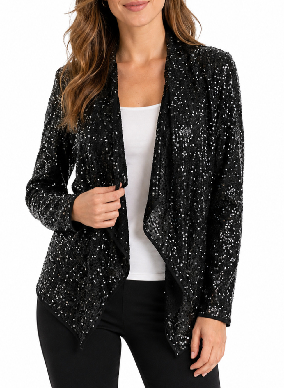 NWT Gold Hawk Black Sequin Drape Jacket Cardigan Long Sleeve Open Front M